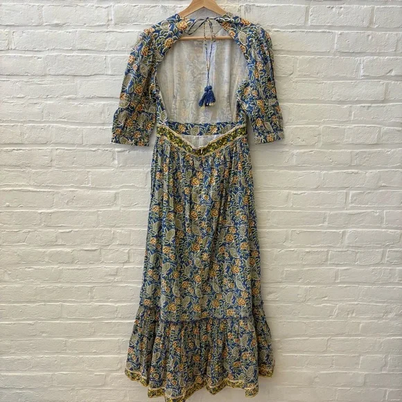 Madison Mathews || Perrin Maxi Dress Open Bsck Block Print Floral Tassels Blue S - Picture 7 of 12